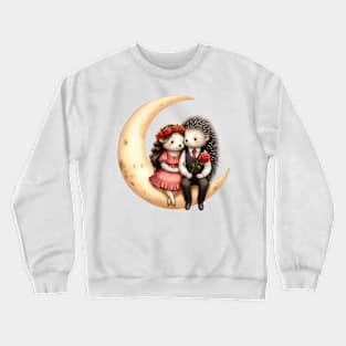 Valentine Hedgehog Couple on Moon Crewneck Sweatshirt